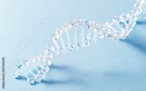 A detailed illustration of a DNA double helix structure against a light blue background.