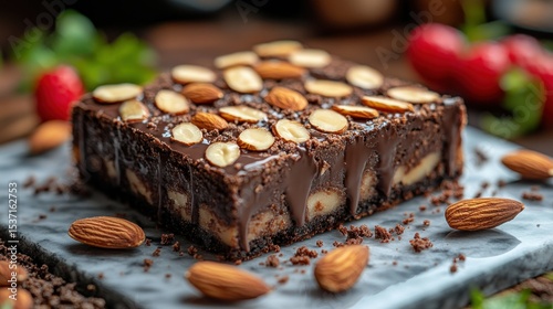 Decadent Chocolate Brownie with Almonds and Strawberries