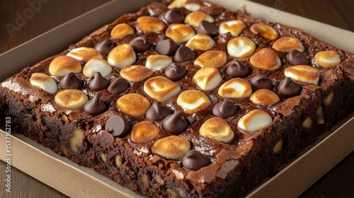 Decadent brownie squares topped with marshmallows and chocolate chips
