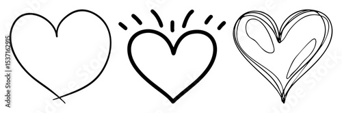 Vector Three hand-drawn heart illustrations showcase diverse styles and weights.