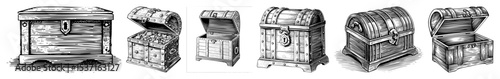 Vector Detailed wood treasure chests illustrations in vintage engraving style.
