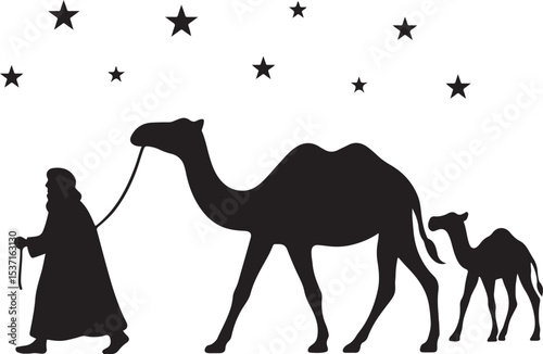 A Berber Nomad leading a camel caravan under stars