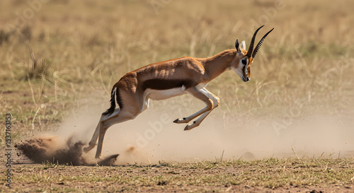 A gazelle in mid-leap kicking up dust in a savanna environment photo