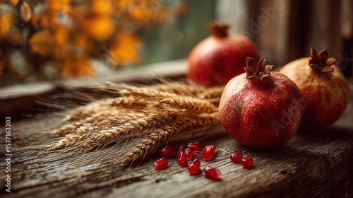 Natural still life of ripe pomegranates and wheat bundles, reflecting rural autumn traditions