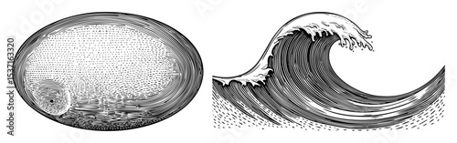 Vector Detailed illustrations of a sphere and a breaking wave in engraved style.
