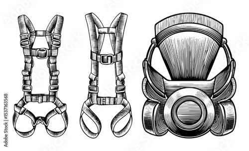 Vector Detailed of safety harness and gas mask equipment.