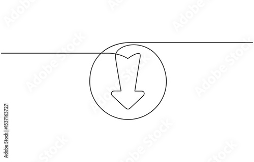 Continuous line download icon.drawing one line download sign, One line continuous drawing of arrow pointing down. Linear drawing of cursor arrow. Editable stroke. Vector.