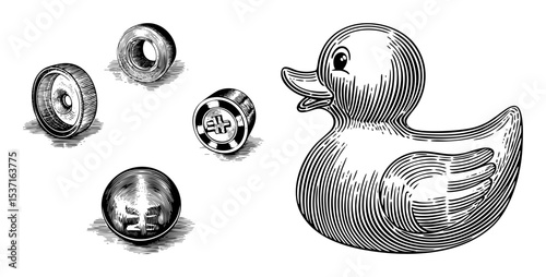 Vector Vintage rubber duck and assorted circular emblems .