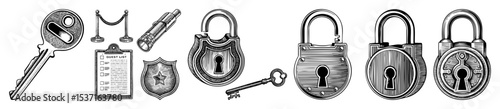 Vector Vintage security objects including locks keys and a spyglass .