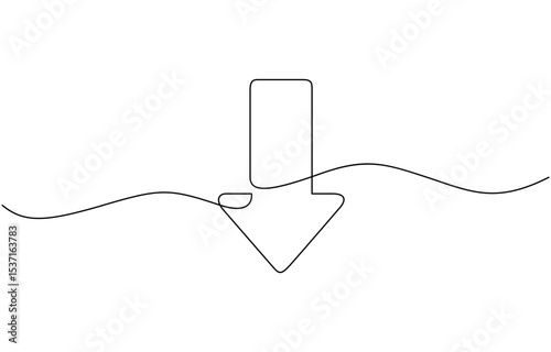 Continuous line download icon.drawing one line download sign, One line continuous drawing of arrow pointing down. Linear drawing of cursor arrow. Editable stroke. Vector.