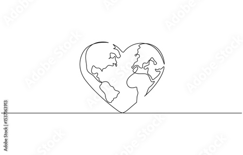 Earth globe continuous line drawing of the heart shape. Love world map one line art, World health day concept. Continuous line draw design graphic vector illustration.