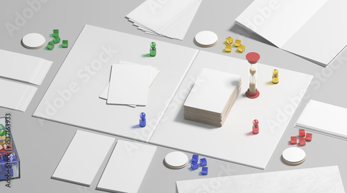 White board game field with chips, dice and cards mockup