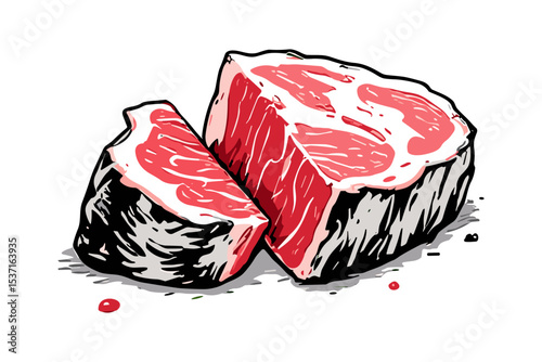 Two raw meat cuts, one sliced, with visible marbling and a simple, illustrative style.