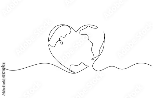 Earth globe continuous line drawing of the heart shape. Love world map one line art, World health day concept. Continuous line draw design graphic vector illustration.