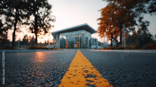 Empty road leading to a modern building with clean lines, bathed in soft afternoon light, conveying minimalist serenity.