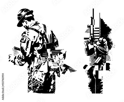 Vector Armed soldiers with urban backdrop