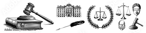 Vector Legal Symbols Collection Featuring Gavel Scales and Courthouse