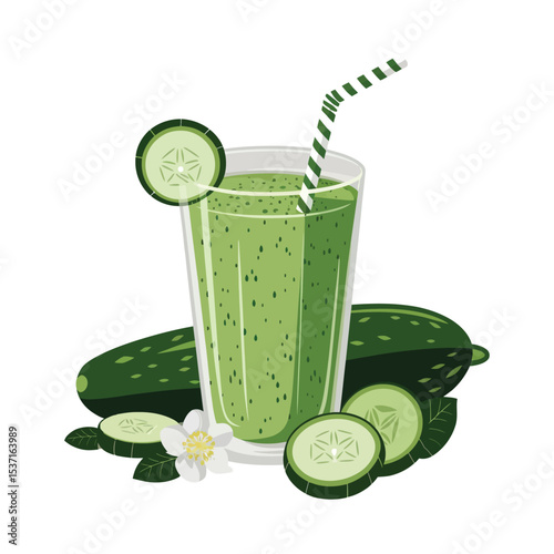 A refreshing green cucumber smoothie in a tall glass with a straw, surrounded by freshly sliced cucumber pieces and a whole cucumber in the background.