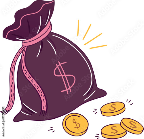 Purple money bag with gold coins spilling out