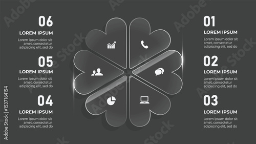 3D Glass Circle Infographic. 6 Step Business Timeline with Vector Icons, Cloud Concept, and Web Presentation Layout