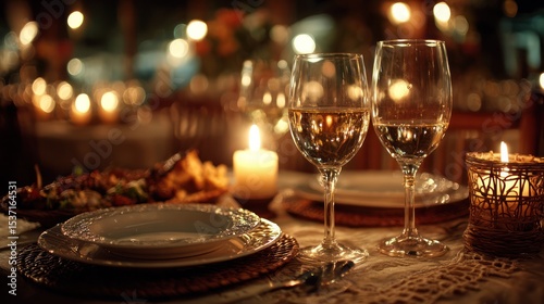 A romantic candlelit dinner with wine and dining, evoking love and intimacy