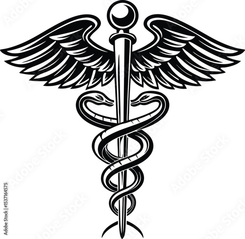 Caduceus medical symbol with wings and snakes