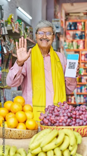 An elderly Indian shopkeeper smiles proudly at his fruit stall, holding a digital QR code payment board. Perfect for illustrating digital inclusion, small business, and local trade concepts.
