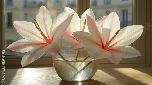 Delicate, pale pink lilies in a glass vase