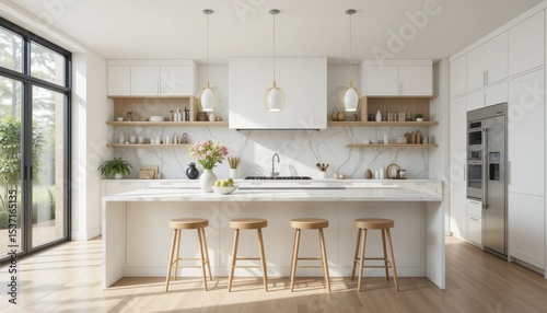 Modern Kitchen Design With White Cabinetry, Wooden Accents, and Natural Light Streaming Through Large Windows