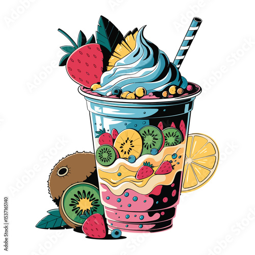 A vibrant and colorful image of a tropical smoothie drink in a tall clear cup. The smoothie is bright fruit such as sliced ​​strawberries, kiwi, blueberries and creamy swirls.
