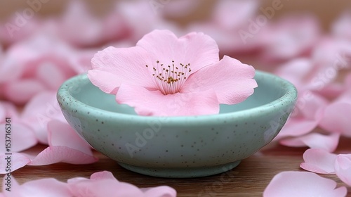Delicate Pink Blossom in Teal Bowl