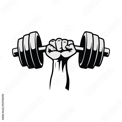 A bold, monochrome vector illustration design of a strong hand gripping a heavy dumbbell with the hand clenched tightly around the bar.