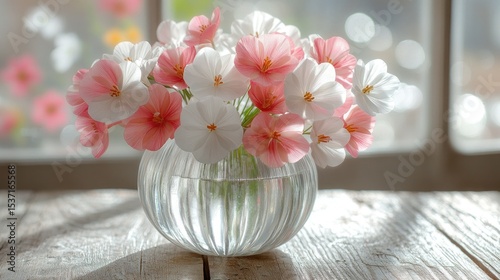 Delicate pink and white flowers in a glass vase