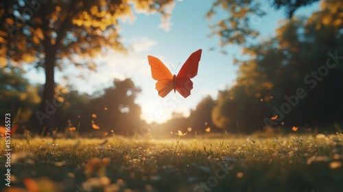 A vibrant red butterfly takes flight in a sun-drenched meadow, amongst trees
