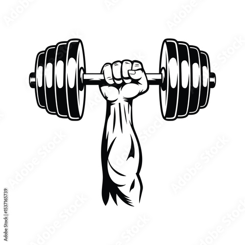 A bold, monochrome vector illustration design of a strong hand gripping a heavy dumbbell with the hand clenched tightly around the bar.