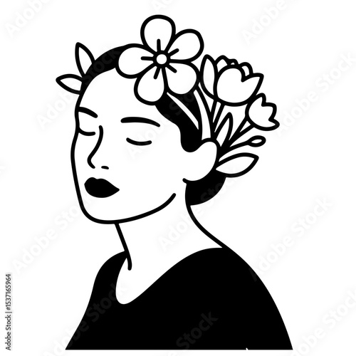 Black and white illustration of a woman with flowers in her hair, minimalist line art style