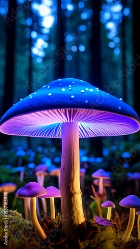 Glowing mushrooms in a fantasy forest with blue trees creating a magical and enchanting fairytale scene