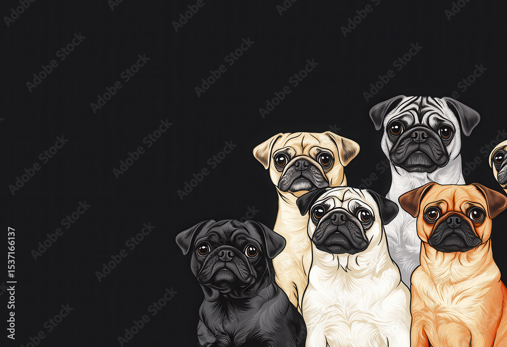 Obraz premium Pugs of various colors stand together against dark background, showcasing their unique expressions and charm