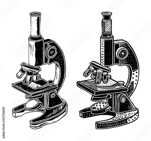 Vector Detailed illustrations of vintage microscopes showcase scientific equipment.