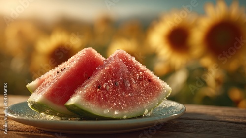 Juicy watermelon slice on a plate with dewdrops, sunlit warmth and sunflower fields. 