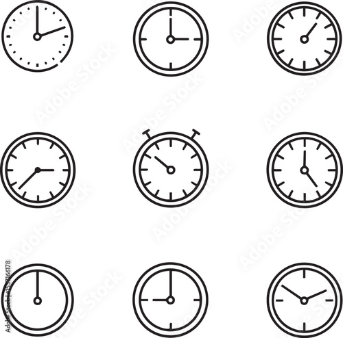 Minimal Clock Icon Set. Line Style Time and Stopwatch Symbols.