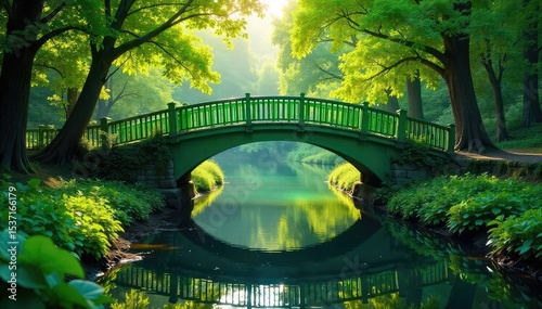 A vibrant green bridge arches gracefully over a tranquil waterway, surrounded by lush foliage and reflecting sunlight The scene evokes peace and natural beauty , emerald, park, leaves photo