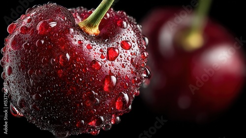 Juicy ripe cherry with water droplets, vibrant red on dark, fresh organic texture - nature's sweet perfection