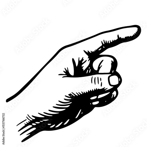 Hand pointing finger gesture, black and white vector illustration