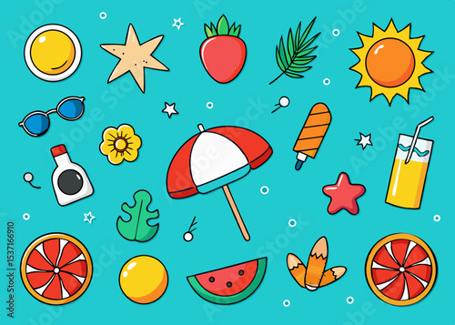 Summer vacation fun colorful flat lay illustration
