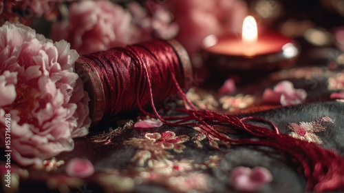 Two red silk threads with magpie motifs, peony petals on dark velvet; love and tradition in Qixi Festival's dreamy glow.