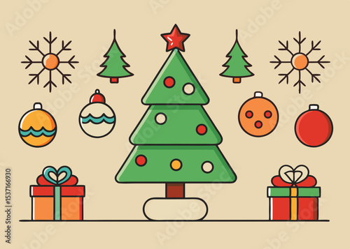 Simple christmas tree with ornaments and gifts