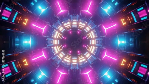 Circular sci fi tunnel with glowing neon lights creating a futuristic atmosphere.
