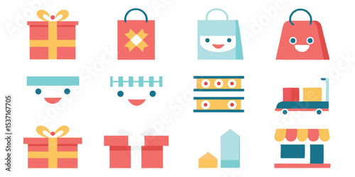 Adorable Shopping Cart Bags Storefront and Boxes Whimsical Store Flat Design Cute Vector Shopping Illustration