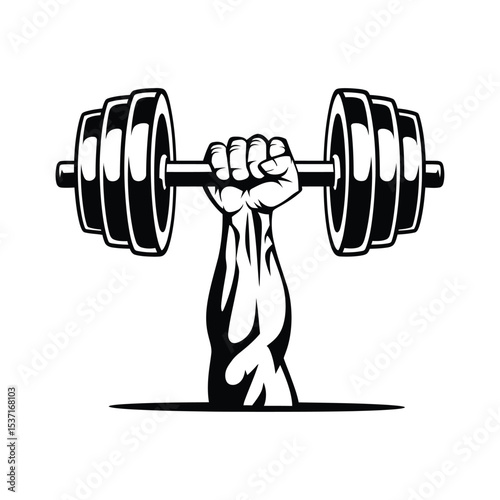 A bold, monochrome vector illustration design of a strong hand gripping a heavy dumbbell with the hand clenched tightly around the bar.